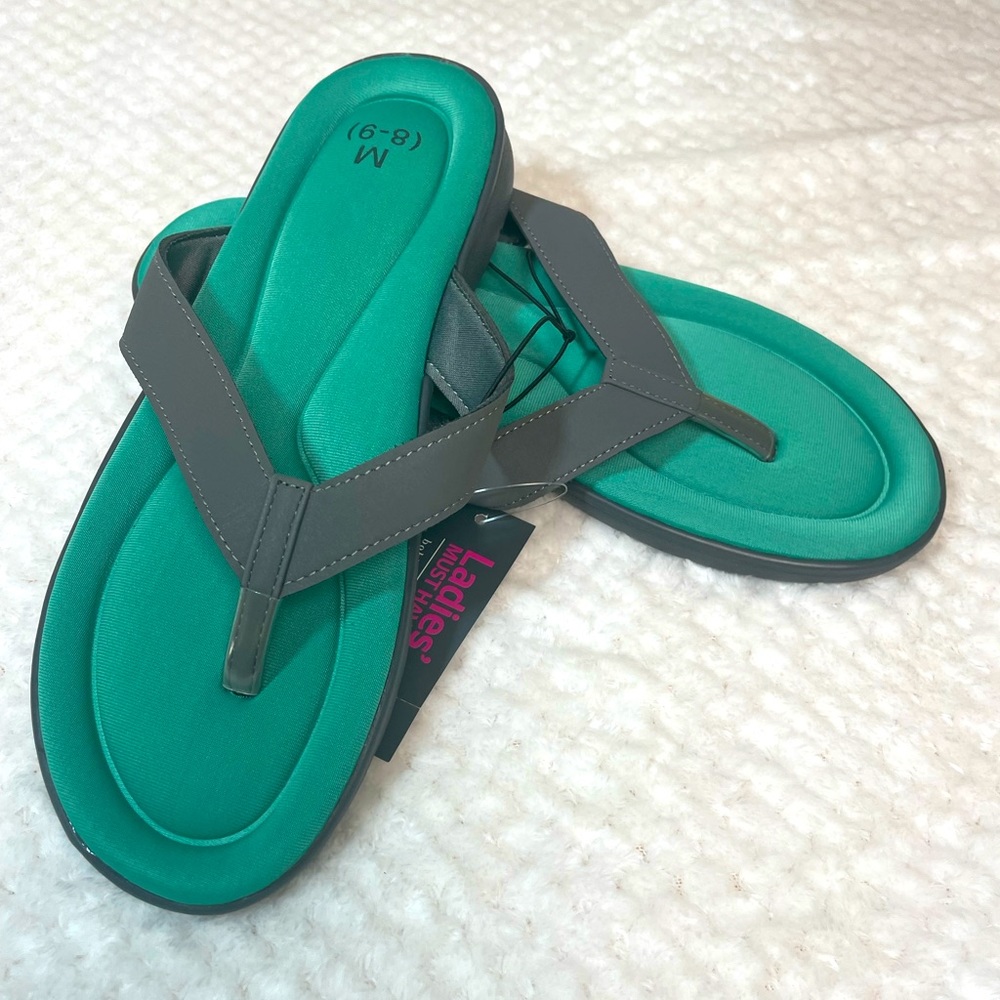 NWT - Women’s Vegan Leather Sandals with Cushioned Padding - Teal & Grey